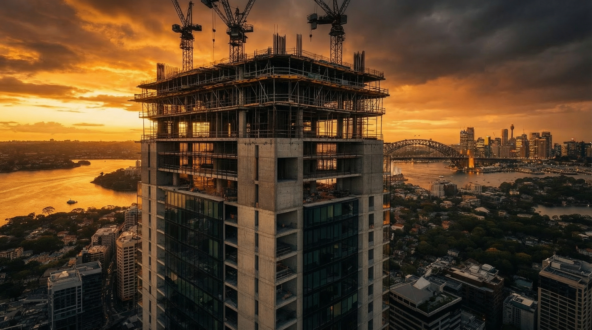 High-rise construction at golden hour over Sydney harbour