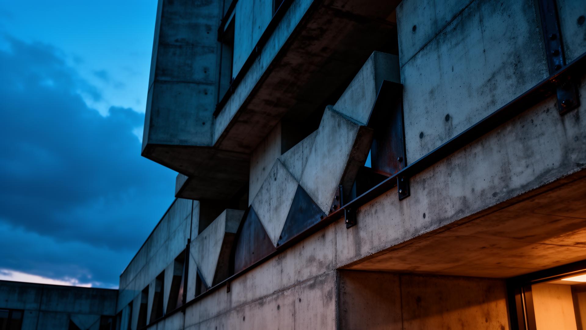 Brutalist concrete architecture at dusk